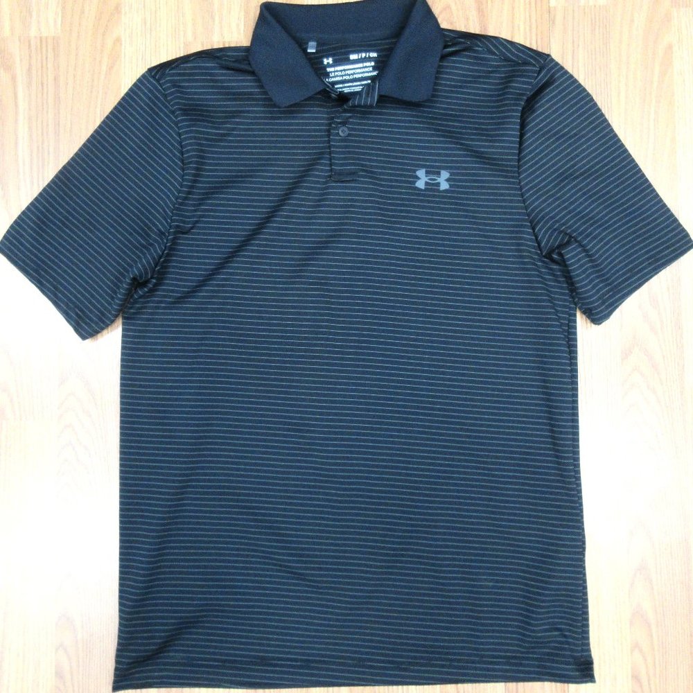 UNDER ARMOUR PERFORMANCE POLO SHIRT POLY/SPANDEX BLACK & GRAY SMALL, S